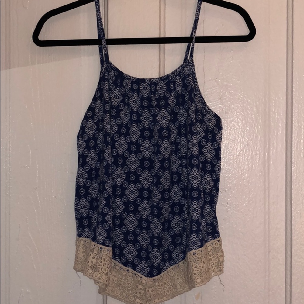 Blue patterned tank with lace trim